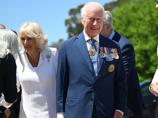 CANBERRA, AUSTRALIA - OCTOBER 21: Queen Camilla and King Charles III visit the Australian War Memorial on October 21, 2024, in Canberra, Australia. The King's visit to Australia is his first as monarch, and the Commonwealth Heads of Government Meeting (CHOGM) in Samoa will be his first as head of the Commonwealth. (Photo by Victoria Jones - Pool/Getty Images)