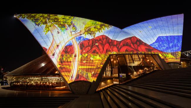 An artwork by Mervyn Rubuntja is projected onto the Sydney Opera House sails. Picture: Daniel Boud.