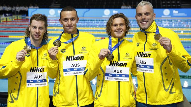 Matthew Temple, Flynn Southam, Isaac Cooper and Kyle Chalmers after victory in the men's 4x50m freestyle final. Picture: Daniel Pockett/Getty Images