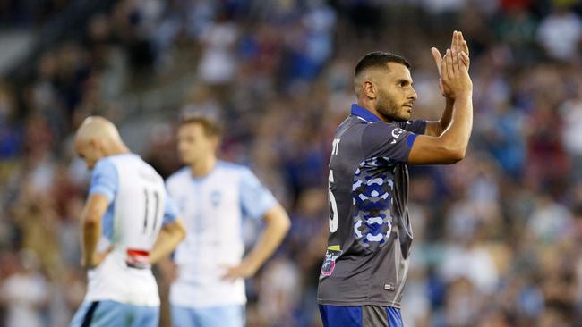 Andrew Nabbout of the Jets thanks the crowd as he leaves the field during the Round 22 A-League match between the Newcastle Jets and Sydney FC