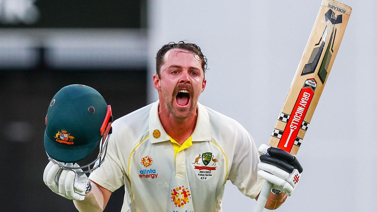 Travis Head celebrates his century during day two of the first Ashes Test in 2021. Picture: Patrick Hamilton / AFP