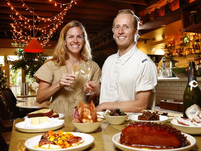 WEEKEND TELEGRAPH 2ND DECEMBER 2022Pictured at Chiswick in Woollahra is Chiswick General Manager Anna Zaganelli and Head Chef Taylor Cullen with items available in the Chiswick Christmas Delivery Hamper for customers to enjoy first class dining for Christmas lunch.Picture: Richard Dobson