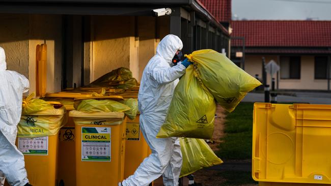 Waste is removed from St Basils Aged Care amid the Covid outbreak. Picture: Jason Edwards