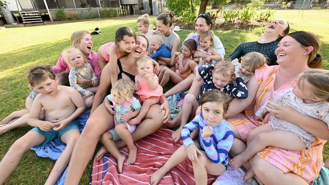 Owner Fran Reid, second mum from left, hosts a crowd of mums and kids for a barbecue at Kahmoo Station, outside Cunnamulla. Picture: Lyndon Mechielsen