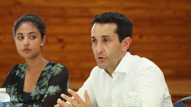 Premier David Crisafulli at a meeting about the proposed road at Elimbah before the state election. Picture: Liam Kidston