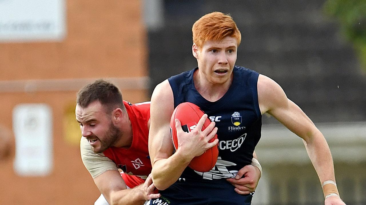 18/05/19 - SANFL: North Adelaide v South Adelaide at Prospect Oval.  Norths' Max Thring tackles Souths' Joseph Haines. Picture: Tom Huntley