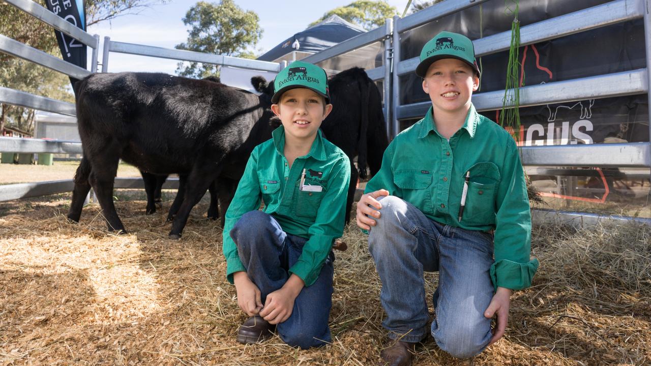 Jacob Schmaling (9) and Hugh Barker (11) looking after the cattle at their stall at Farm Fest. June 4, 2024. Picture: Christine Schindler