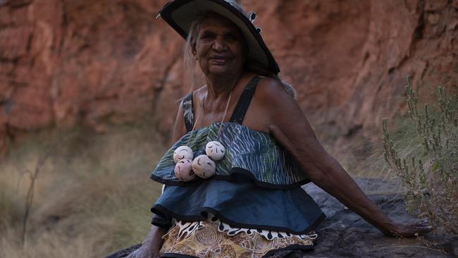 Cultural Adornment and Wearable Art Award winner Peggy Griffiths in her Legacy Dress. Picture: Grace-Lillian Lee and Chris Baker, supplied by National Indigenous Fashion Awards.