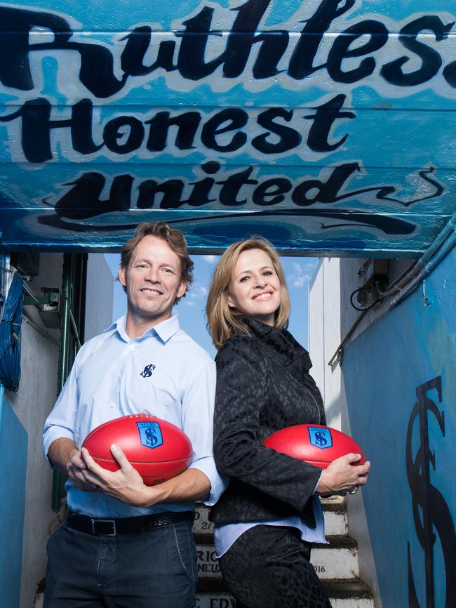 Sturt Football Club's President Jason Kilic and general manager Sue Dewing at Unley Oval. Picture: MATT LOXTON