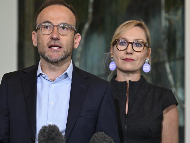 CANBERRA, AUSTRALIA  - NewsWire Photos - February 11, 2025: Leader of the Australian Greens Adam Bandt and Senator Senator Larissa Waters hold a press conference at Parliament House in Canberra. Picture: NewsWire / Martin Ollman