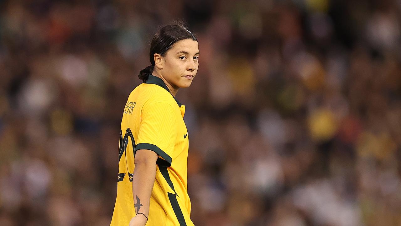 NEWCASTLE, AUSTRALIA - NOVEMBER 30: Sam Kerr of the Matildas looks on during game two of the International Friendly series between the Australia Matildas and the United States of America Women's National Team at McDonald Jones Stadium on November 30, 2021 in Newcastle, Australia. (Photo by Cameron Spencer/Getty Images)