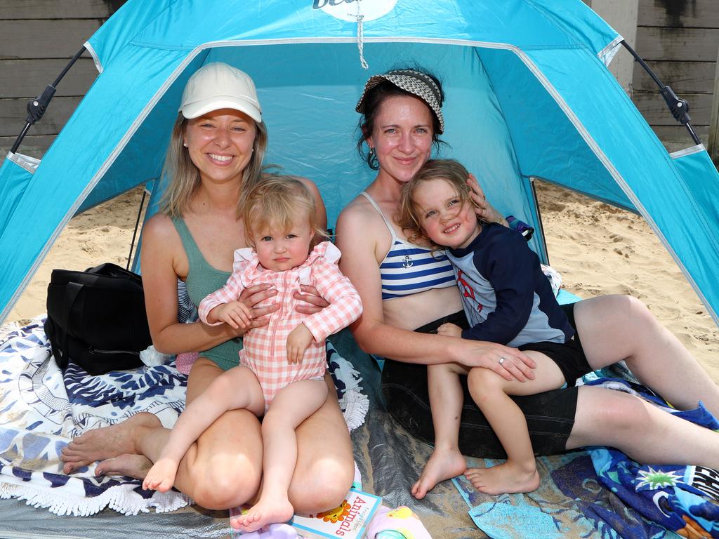 Beach Pics at Ocean Grove Meredith Whittle and daughter Zoe 18mths (Ocean Grove) with Shannon Washington and son Gil 3yrs (Grovedale) Picture: Glenn Ferguson