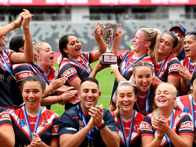 Ally Bullman (bottom right) celebrates last year’s Tarsha Gale Cup premiership with the Roosters Indigenous Academy. Picture: NCA NewsWire/Jeremy Piper