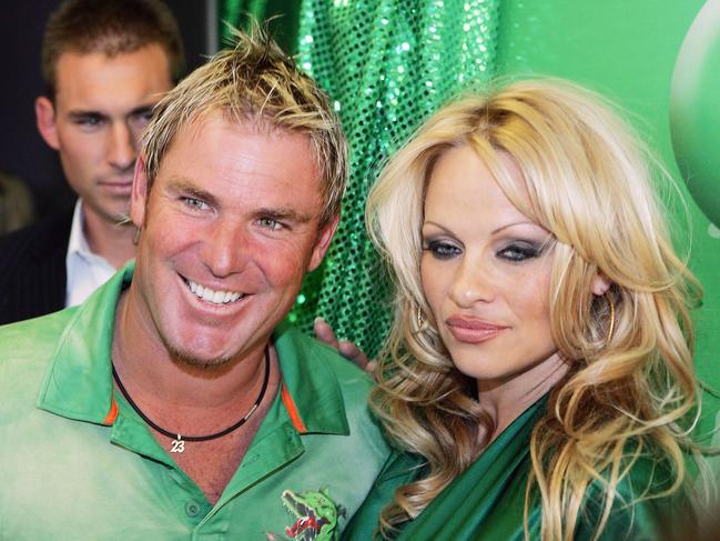 Shane Warne and Pamela Anderson during the Miss Green Valentines Day party at Carousel on February 14, 2006 in Melbourne. Picture: Getty