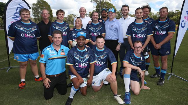 The Gold Coast Titans PDRL team were presented with their jerseys by Andy Baxter from Condev and Club Chairman Dennis Watt at the clubs training facility at Parkwood. Picture Glenn Hampson