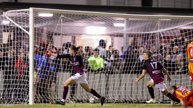 Elizabeth Downs’ Tom Blackett after scoring in the amateur club’s FFA Cup upset success against top flight MetroStars. Picture: Adam Butler