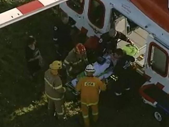 Two schoolgirls have been flown to a Melbourne hospital after a car crashed and burst into flames northwest of Apollo Bay. Picture: Channel 9