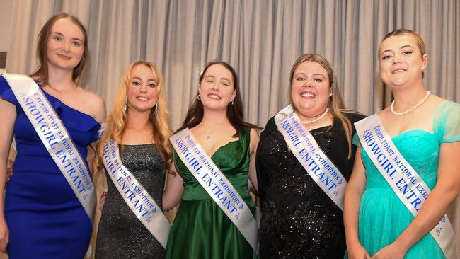 2022 showgirl candidates from left: Caitlin Standford of Goonellabah, Summer Chaseling of Byron Bay, Tina Smith of Goonellabah, Tara Coles of Wyrallah, and Tegan Maluta of Howards Grass at the East Lismore Bowling Club. Picture: Cath Piltz