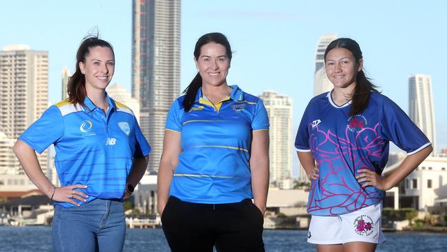 The likes of Brooklyn Manu (C) from GCDRU and Annaleise Stoyko (L) have fought to develop new and improve women’s rugby union programs to help the likes of Skylah Samson (14, right) reach their potential in the reigon. Picture by Richard Gosling