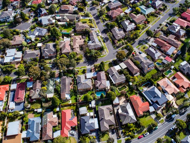 Aerial shot of houses in the outer suburbs of Melbourne.