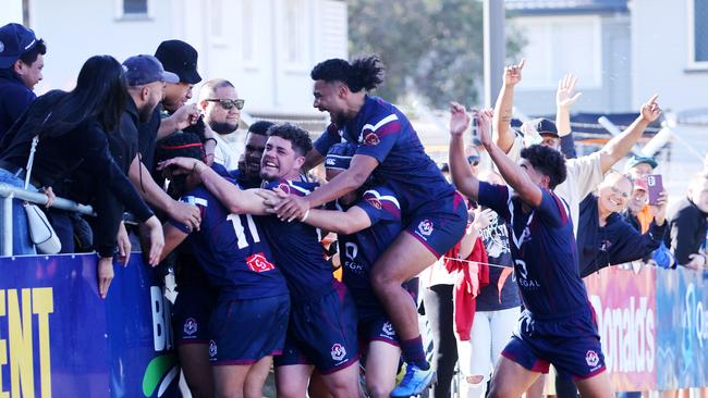 LANGER trophy schoolboy rugby league grand final between Palm Beach Currumbin SHS and Ipswich SHS. Palm Beach Currumbin SHS players celebrate a try before half time.Picture: NIGEL HALLETT