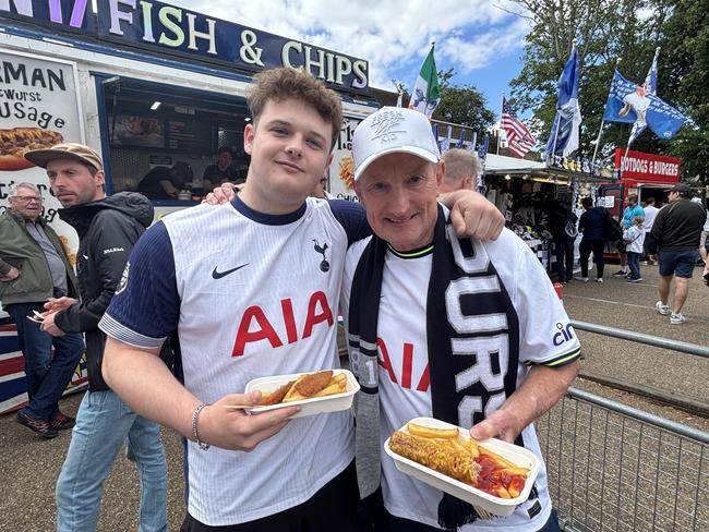 Tottenham fans Harry Chapman, 18, and his grandfather Nigel Woods, 69, from the UK at the team’s final English Premier League match of the season. Photo: Sophie Elsworth