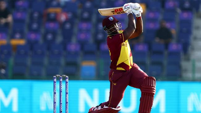 ABU DHABI, UNITED ARAB EMIRATES - NOVEMBER 06: Andre Russell of West Indies plays a shot during the ICC Men's T20 World Cup match between Australia and Windies at Sheikh Zayed stadium on November 06, 2021 in Abu Dhabi, United Arab Emirates. (Photo by Francois Nel/Getty Images)