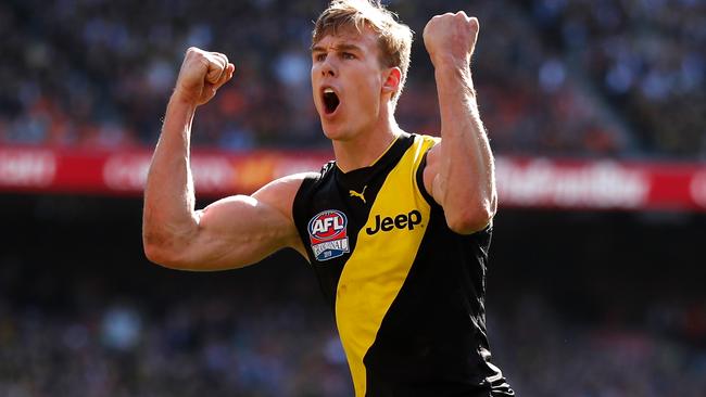 Richmond forward Tom Lynch kicks a goal in the Grand Final.