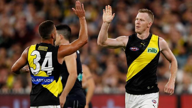 Jack Riewoldt will miss at least one match with a fractured thumb that required surgery. Picture: Getty Images