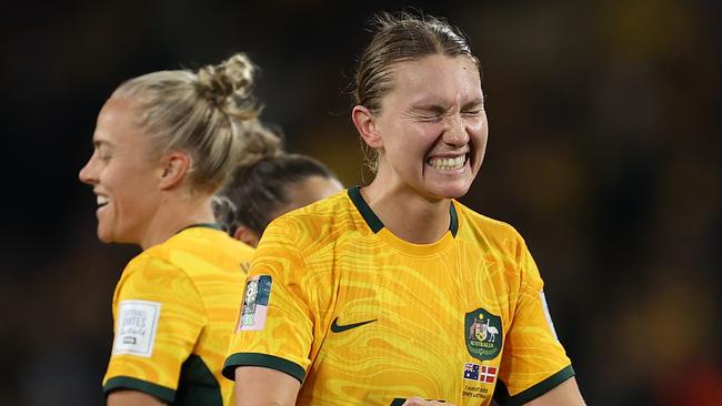 SYDNEY, AUSTRALIA - AUGUST 07: Clare Hunt of Australia celebrates the teamÃ¢â¬â¢s 2-0 victory and advance to the quarter final following the FIFA Women's World Cup Australia & New Zealand 2023 Round of 16 match between Australia and Denmark at Stadium Australia on August 07, 2023 in Sydney, Australia. (Photo by Brendon Thorne/Getty Images )