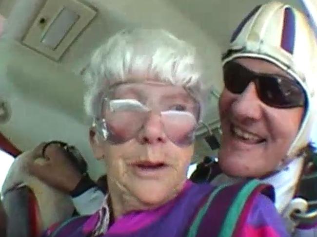 Clare Nowland skydives to celebrate her 80th birthday in 2008. Picture: ABC News.