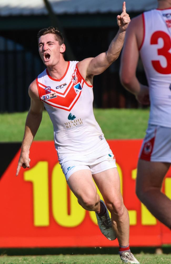 Scott Carlin celebrates a goal for Waratah in the 2022-23 NTFL season. Picture: Celina Whan/AFLNT Media