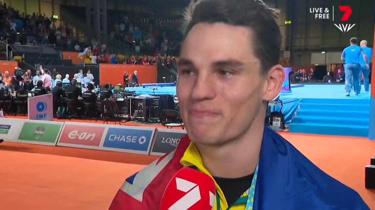 Kyle Bruce was in tears when interviewed after the ceremony.  Photo: Channel 7