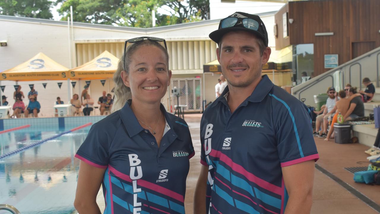 Boyne Tannum Bullets' coaches Charlotte Priouret and Anthony Guillamin at the Central Queensland Swimming Championships at the 2nd World War Memorial Aquatic Centre, Rockhampton, on March 1, 2025.