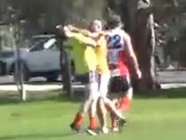 Screenshot of video footage of an incident involving a Central United player and Adelaide Lutheran runner during their game on Saturday.