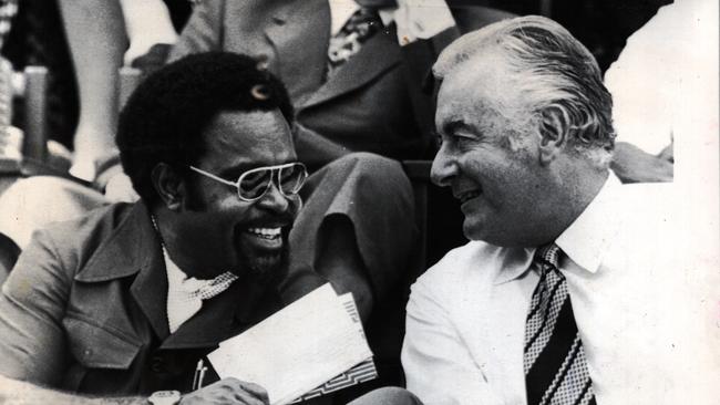 Michael Somare with then Australian prime minister Gough Whitlam in Port Moresby in September 1975, when PNG became independent. Picture: Maurie Wilmott