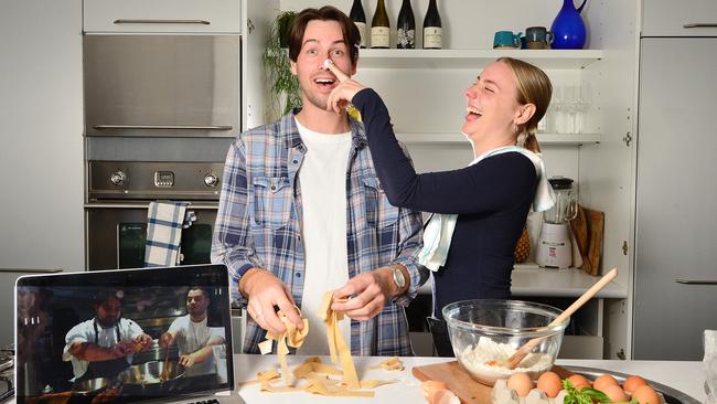 Cameron Fluit and Bryanna Green in the kitchen with ingredients ready for the chef Zoom class. Picture: Nicki Connolly