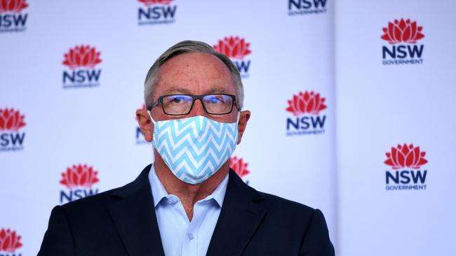 NSW Minister for Health Brad Hazzard wears a face mask during a COVID-19 press conference in Sydney on Saturday. He’s a resident of the southern zone of the Northern Beaches, which is now out of lockdown. Picture: NCA NewsWire/Bianca De Marchi