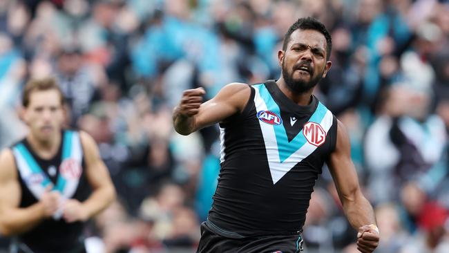 Junior Rioli enjoys a goal on Sunday.