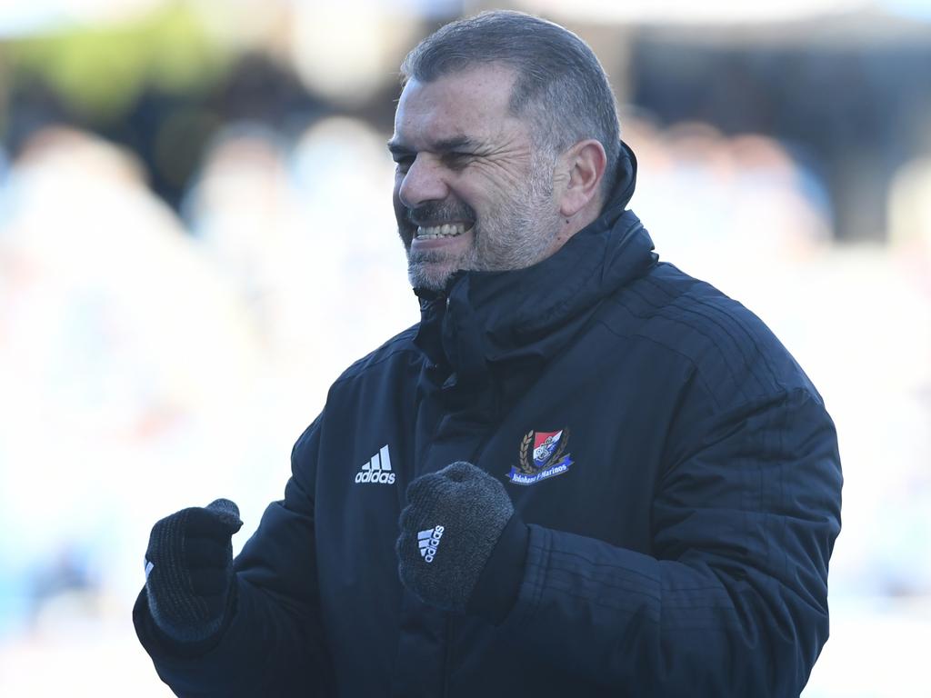 Ange Postecoglou celebrates one of Yokohama F Marinos’ four goals in Saturday’s 4-1 J1 League win over Kawasaki Frontale. Picture: Getty Images