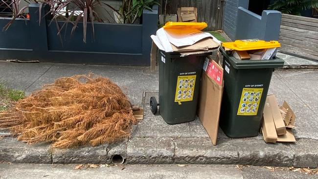 Uncollected yellow bins on Ashmore Street in Erskineville, one of the many suburbs affected in the city.