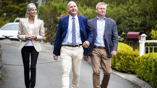 Attorney-General Elise Archer, Premier Peter Gutwein and Deputy Premier Jeremy Rockliff. Picture: RICHARD JUPE