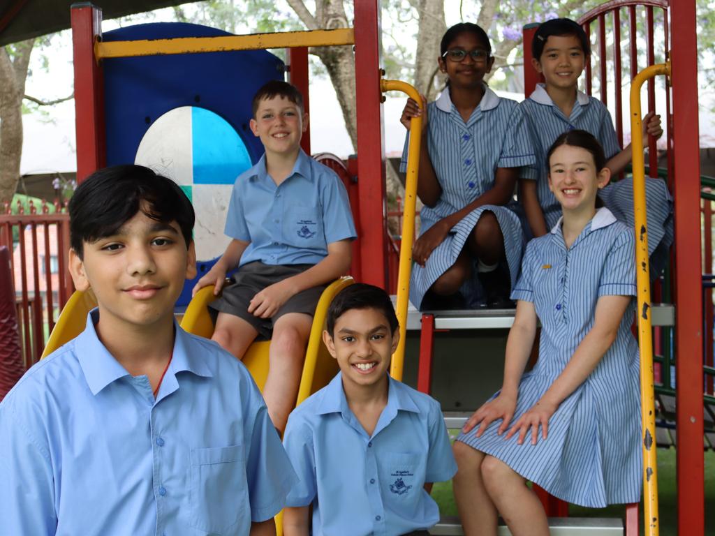 The St Agatha’s students also paid tribute to Oakhill College student Nathan Gremmo, who died in 2015 aged 13, whose family created Jersey Day in his memory and to create awareness of the importance of organ donation. From left to right: Raghav Sharma, 11, Angus Madigan, 11, Andric Pereira, 11, Meghna Dharmadasa, 11, Gabrielle Wen, 10, Layla Hasrouni, 11 (with hands on lap). Picture: supplied