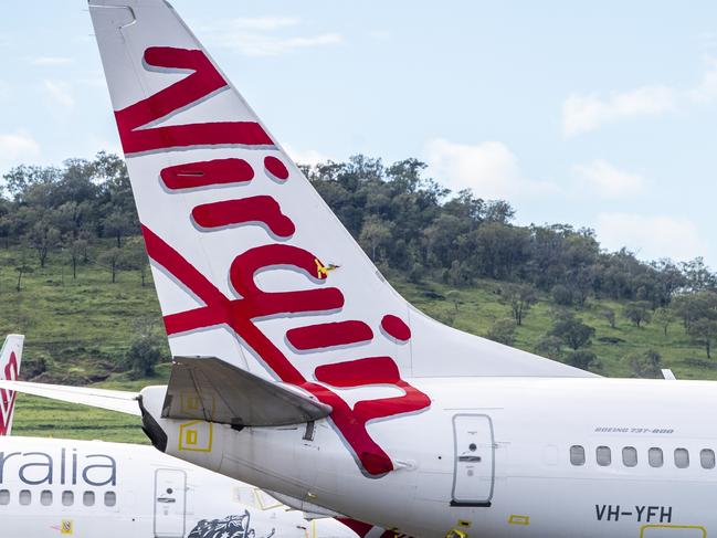 Virgin Australia aircraft parked up at Wellcamp Airport. Wednesday, April 7, 2021. Picture: Nev Madsen.