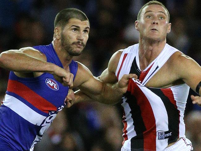 Western Bulldogs V St Kilda Etihad Stadium, 9th May , Melbourne Australia. Western Bulldogs' Koby Stevens battles with St. Kilda's David Armitage Picture : George Salpigtidis