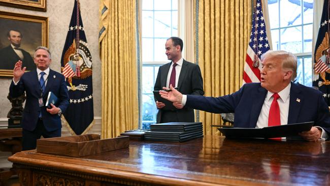 US President Donald Trump gestures to US Special Envoy to the Middle East Steve Witkoff on February 3. Picture: AFP