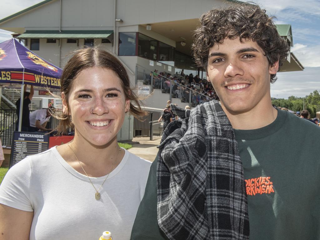 Abby Patchett and Alijah Duncan. Western Clydesdales vs Canterbury-Bankstown Bulldogs rugby league trial.Saturday, February 4, 2023. Picture: Nev Madsen.