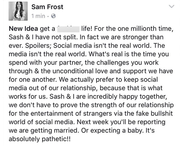 Sam’s scathing Instagram post.