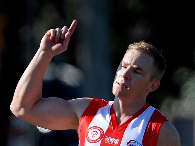 West Footscray's Jason Butty celebrates a goal during the WRFL football match between Parkside and North Footscray in Footscray, Saturday, April 28, 2018. (Picture/Andy Brownbill)