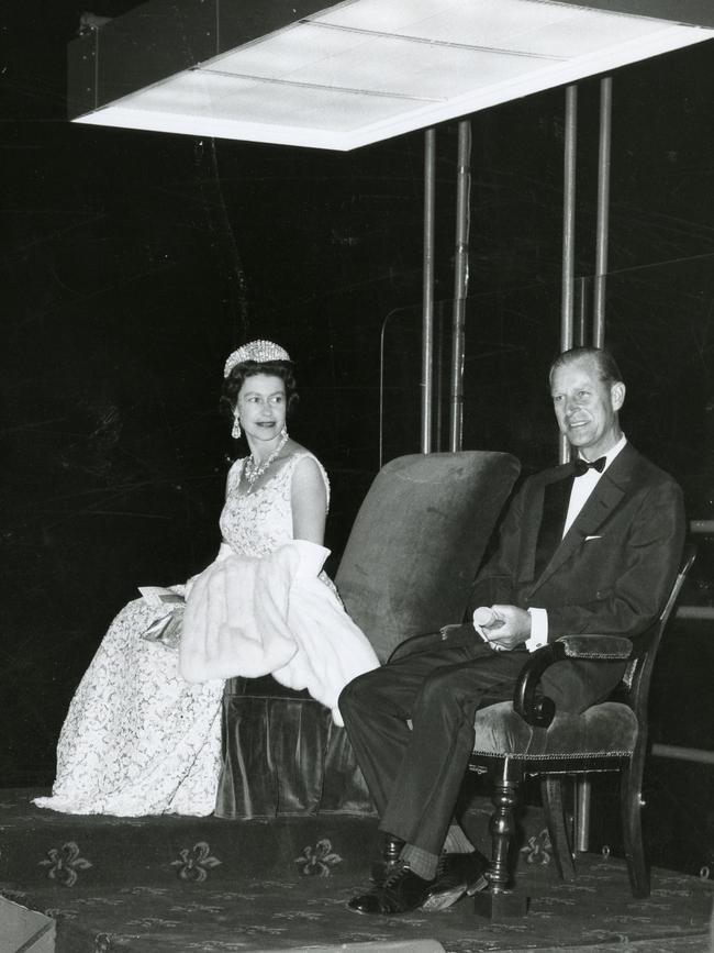 The Queen and Prince Philip on the dais at the Royal Music Festival, Elder Park.